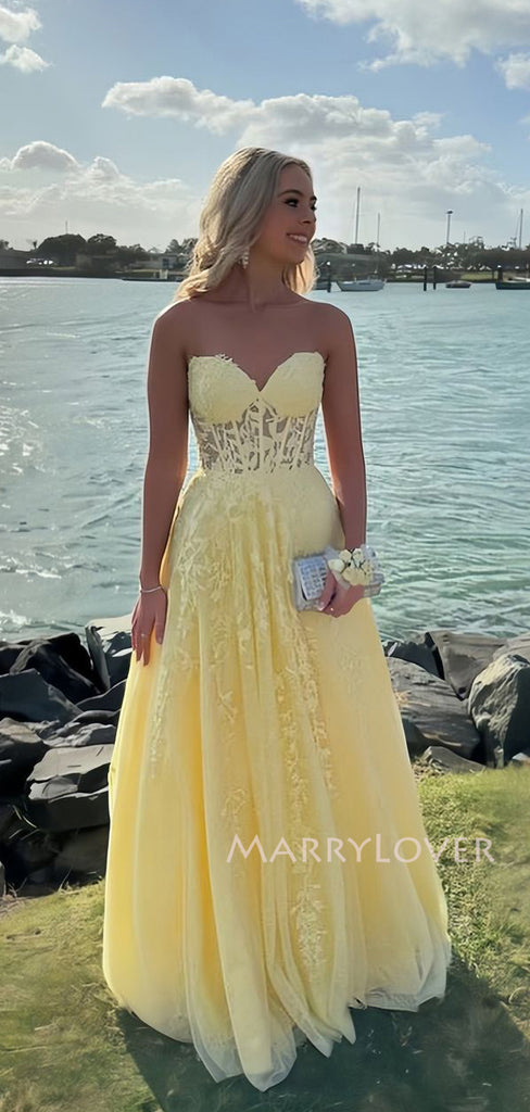 Formal A-line Yellow Tulle Appliques Long Evening Prom Dresses, MR9543