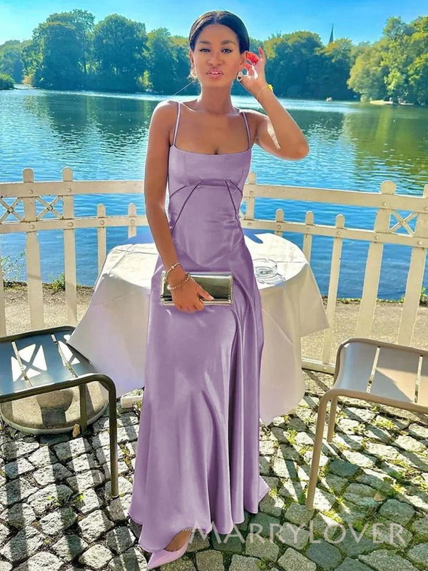 Purple Satin Spaghetti Straps Long Evening Prom Dresses, Simple Prom Dress, MR9544