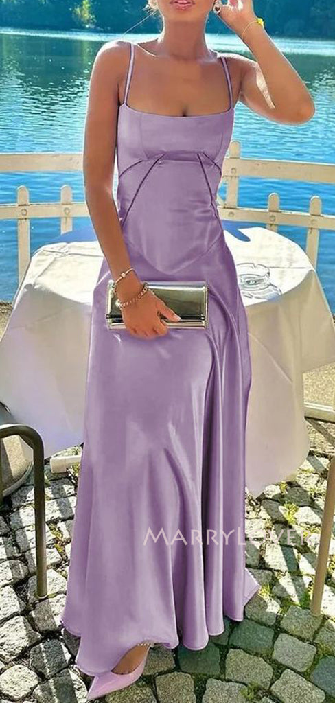 Purple Satin Spaghetti Straps Long Evening Prom Dresses, Simple Prom Dress, MR9544