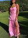 Morden Pinl Satin Long Evening Prom Dresses, Side Slit Straps Prom Dress, MR9545