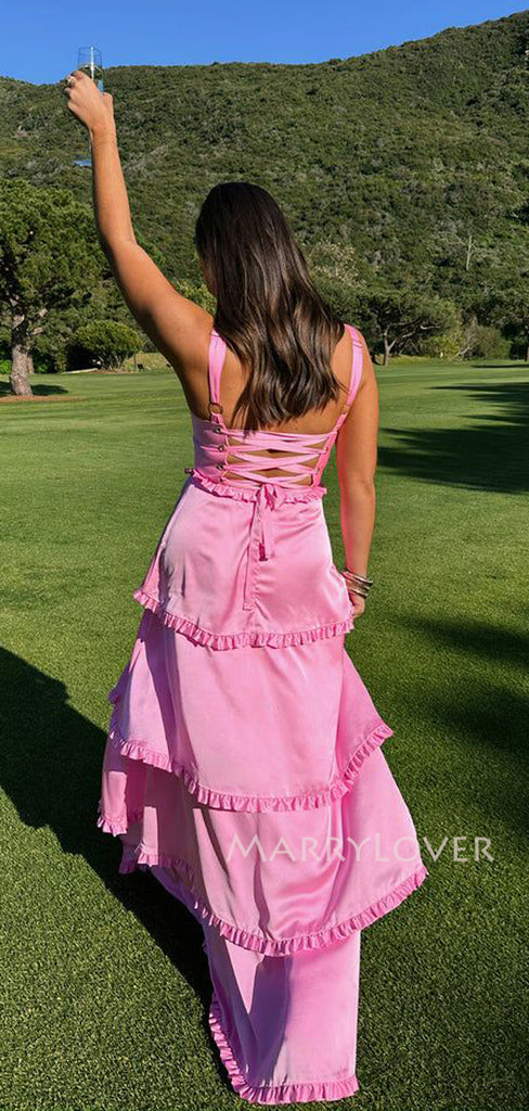 Morden Pinl Satin Long Evening Prom Dresses, Side Slit Straps Prom Dress, MR9545