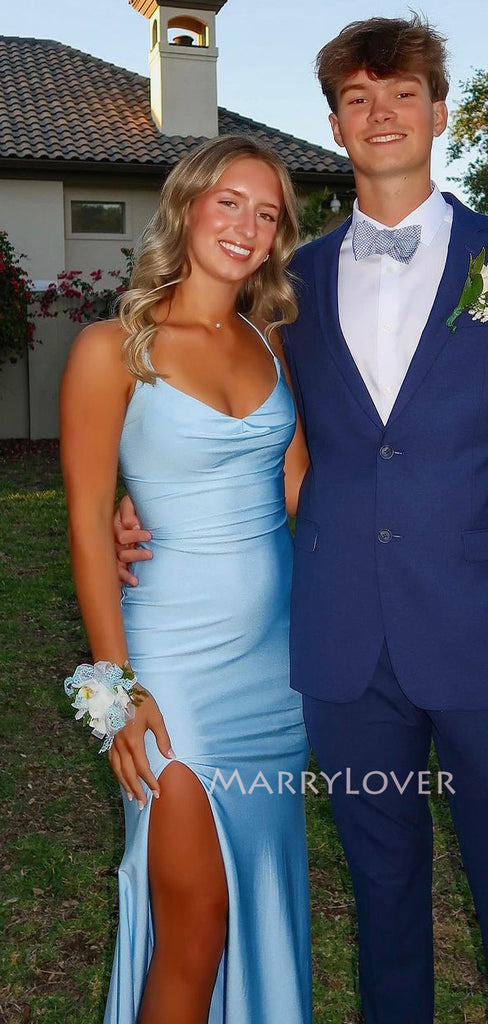 Lovely Blue Jersey Mermaid Long Evening Prom Dresses, MR9549