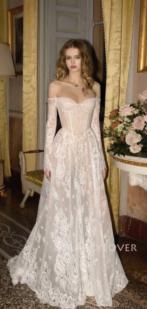 Formal Off Shoulder Long Sleeves A-line Lace Long Wedding Dresses, MR9552