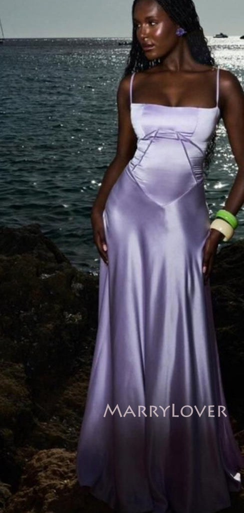 Gorgelos Purple Satin Spaghetti Straps Long Evening Prom Dresses, MR9553