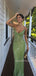Green Sequins Mermaid Spaghetti Straps Long Evening Prom Dresses, MR9556