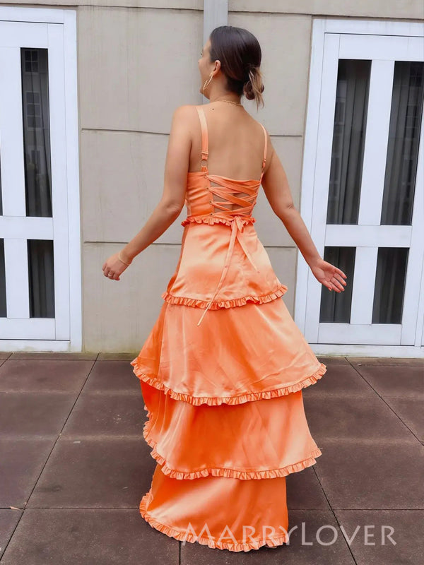 Floor-length Straps Satin Side Slit Long Evening Prom Dresses, MR9558