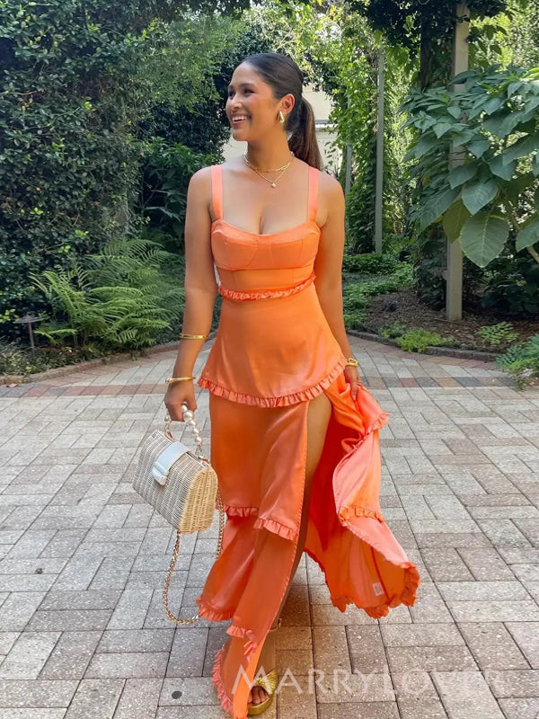 Floor-length Straps Satin Side Slit Long Evening Prom Dresses, MR9558