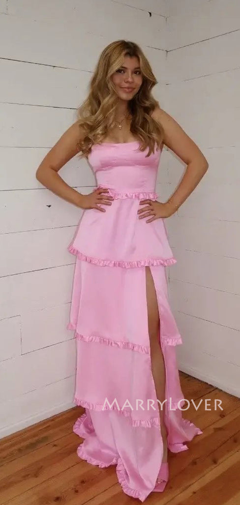 Floor-length Straps Satin Side Slit Long Evening Prom Dresses, MR9558