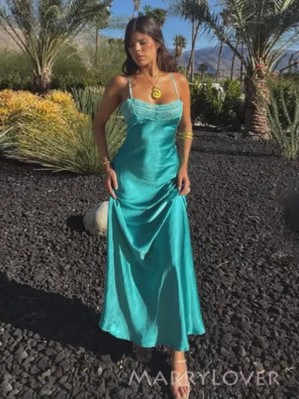 Elegant Spaghetti Straps Blue Long Evening Prom Dresses, MR9559