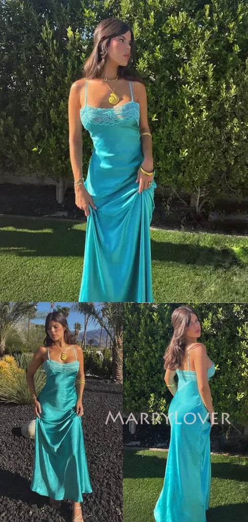 Elegant Spaghetti Straps Blue Long Evening Prom Dresses, MR9559