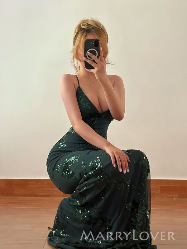 Sexy V-neck Mermaid Dark Green Tulle Appliques Long Evening Prom Dresses, MR9562