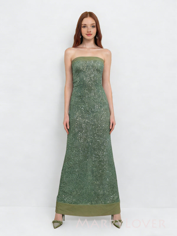 Sparkly Mermaid Green Sequins Long Evening Prom Dresses, Strapless Prom Dress, MR9566