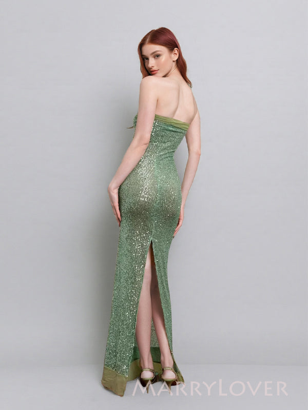 Sparkly Mermaid Green Sequins Long Evening Prom Dresses, Strapless Prom Dress, MR9566