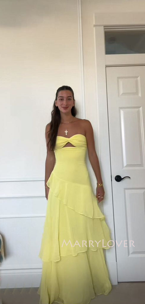 Simple Yellow Chiffon Sweetheart Long Evening Prom Dresses, MR9570