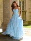 Formal A-line Blue Chiffon Long Evening Prom Dresses, Spaghetti Straps Prom Dress, MR9571