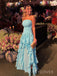 Lovely Blue Chiffon Long Evening Prom Dresses, Strapless Side Slit Prom Dress, MR9572