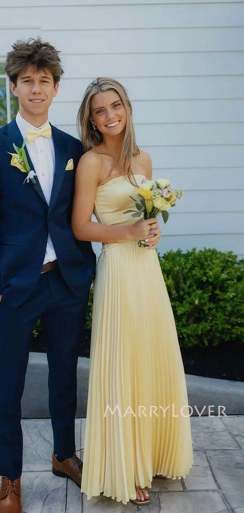 Unique Yellow Chiffon Strapless Long Evening Prom Dresses, MR9576