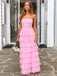 Morden Strapless Pink Chiffon Long Evening Prom Dresses, Side Slit Prom Dress, MR9578