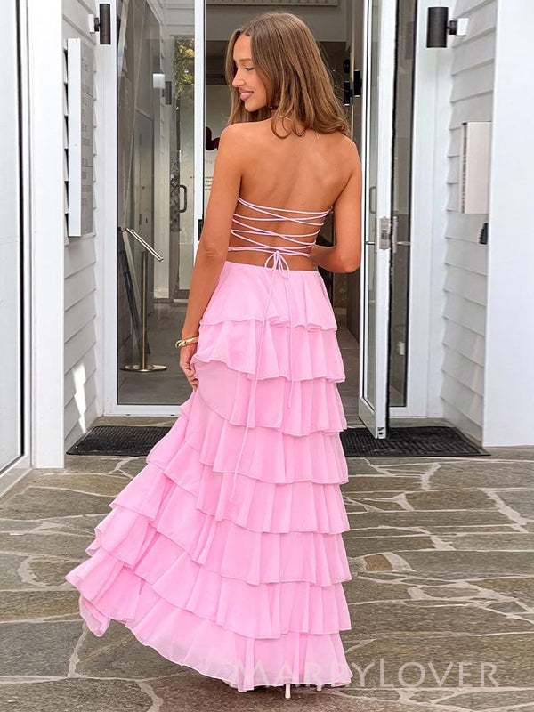 Morden Strapless Pink Chiffon Long Evening Prom Dresses, Side Slit Prom Dress, MR9578