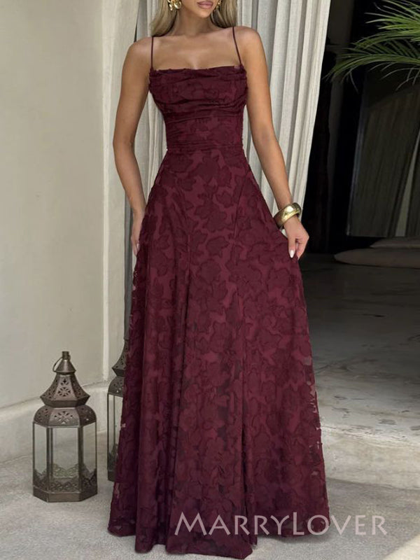 Lovely Burgundy Spaghetti Straps Long Evening Prom Dresses, MR9579