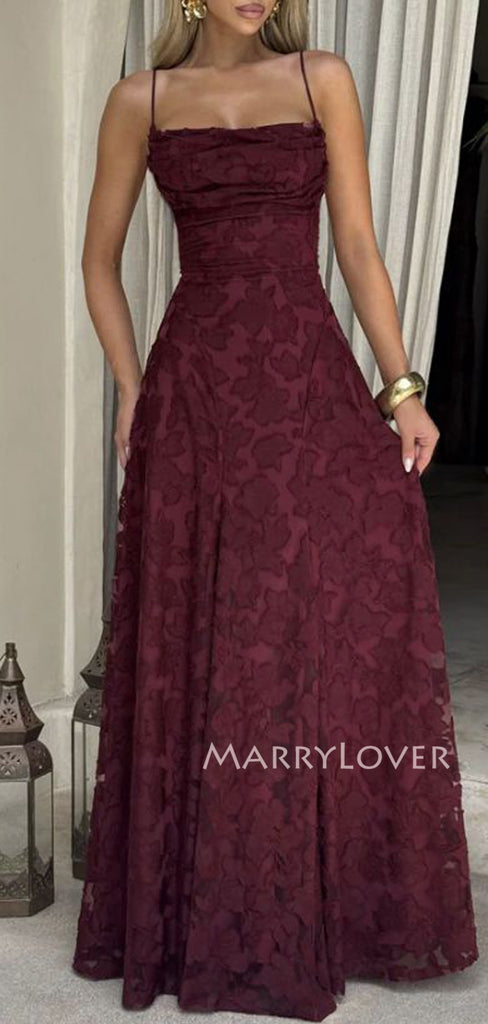Lovely Burgundy Spaghetti Straps Long Evening Prom Dresses, MR9579