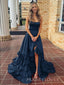 Floor-length Navy Blue High Slit Long Evening Prom Dresses, MR9583