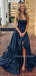 Floor-length Navy Blue High Slit Long Evening Prom Dresses, MR9583