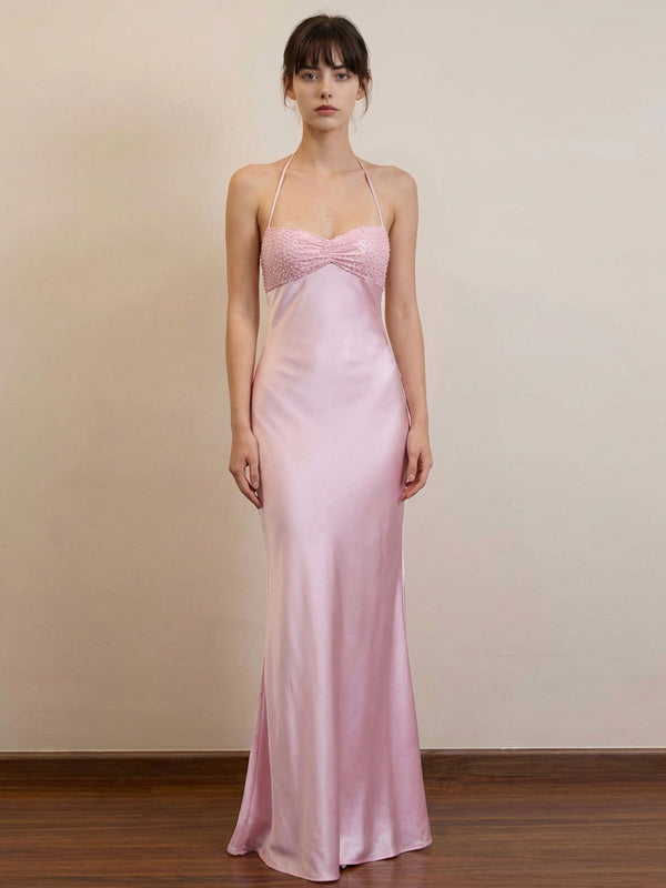Simple Pink Satin Beaded Mermaid Long Evening Prom Dresses, MR9584
