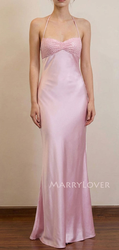 Simple Pink Satin Beaded Mermaid Long Evening Prom Dresses, MR9584