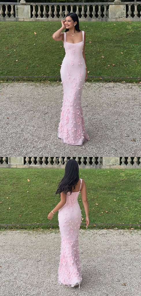 Formal Straps Mermaid Pink Long Evening Prom Dresses, MR9586