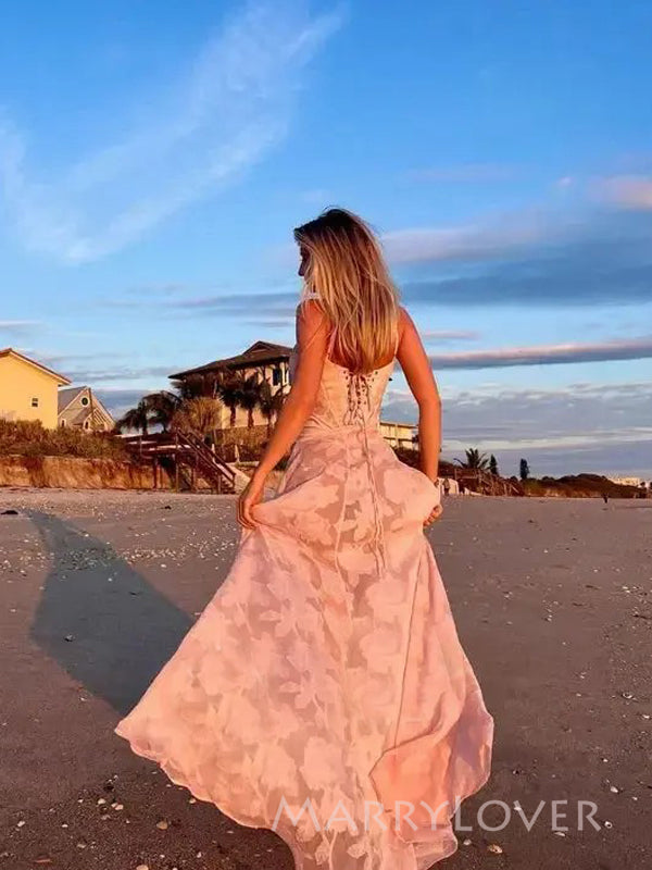 Formal Pink Spaghetti Straps Long Evening Prom Dresses, Backless Prom Dress, MR9587