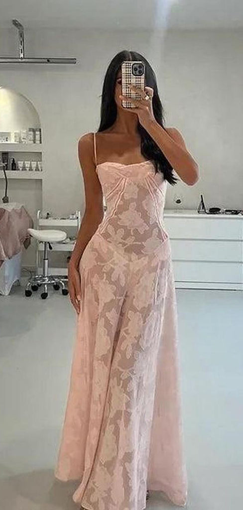 Formal Pink Spaghetti Straps Long Evening Prom Dresses, Backless Prom Dress, MR9587