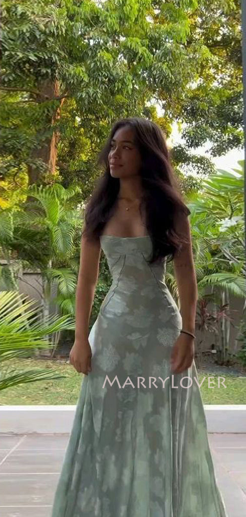 Unique Sage Green Spaghetti Straps Long Evening Prom Dresses, MR9588