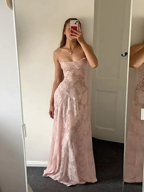 Floor-length Spaghetti Straps Pink Long Evening Prom Dresses, MR9589