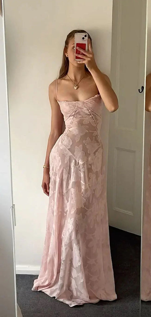 Floor-length Spaghetti Straps Pink Long Evening Prom Dresses, MR9589