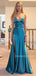 Sexy V-neck Blue Satin Side Slit Long Evening Prom Dresses, MR9593