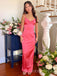 Simple Hot Pink Satin V-neck Long Evening Prom Dresses, MR9595