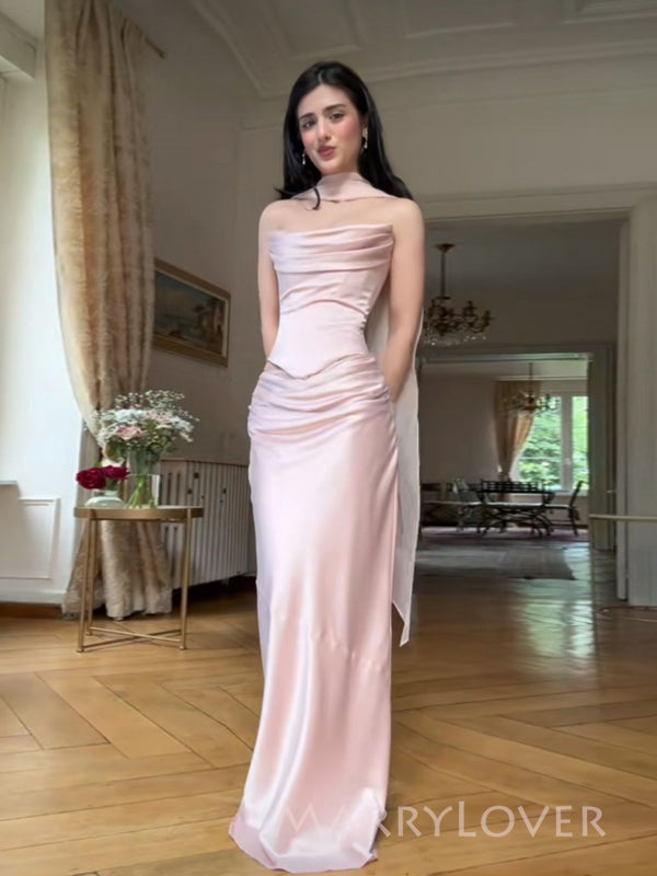 Simple Mermaid Pink Satin Strapless Long Evening Prom Dresses, MR9597