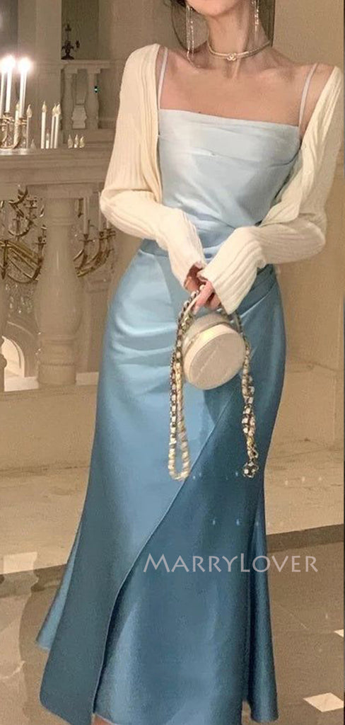 Unique Blue Satin Mermaid Long Evening Prom Dresses, MR9598