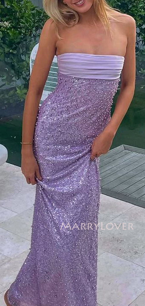 Sexy Purple Lace Mermaid Long Evening Prom Dresses, Strapless Prom Dress, MR9599