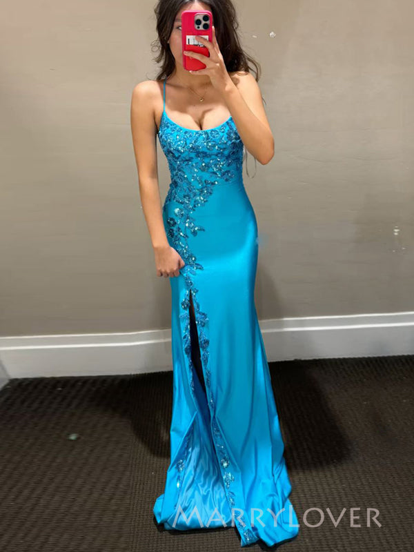 Spaghetti Straps Blue Satin Appliques Bateau Long Evening Prom Dresses, MR9603