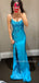 Spaghetti Straps Blue Satin Appliques Bateau Long Evening Prom Dresses, MR9603