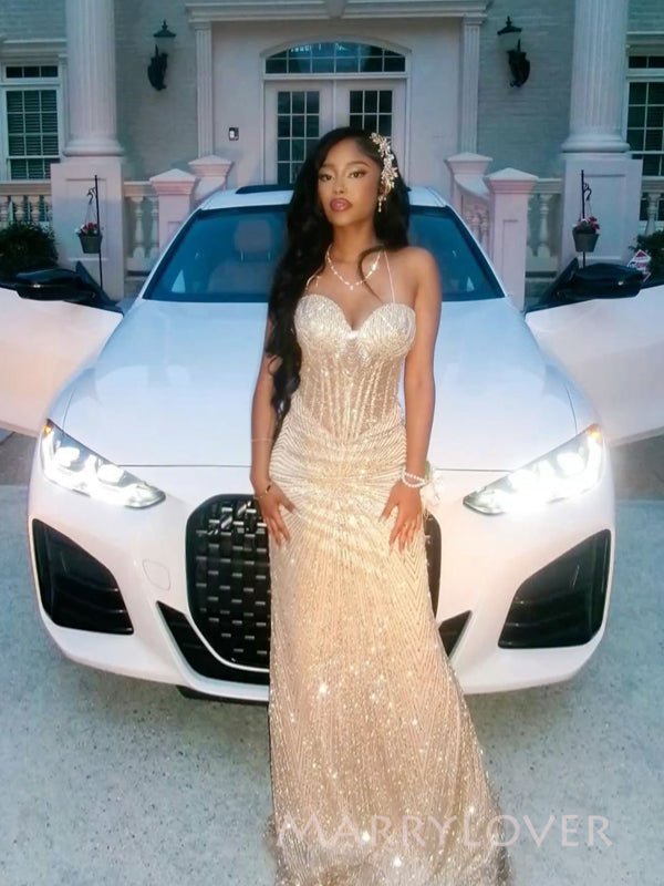 Gorgeous Champagne Gold Sequins Mermaid Long Evening Prom Dresses, Sweetheart Prom Dress, MR9605