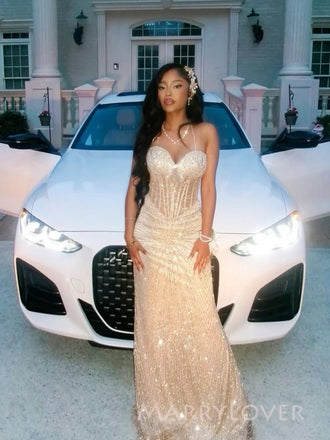 Gorgeous Champagne Gold Sequins Mermaid Long Evening Prom Dresses, Sweetheart Prom Dress, MR9605