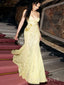 Spaghetti Straps Yellow Lace Mermaid Long Evening Prom Dresses, MR9606