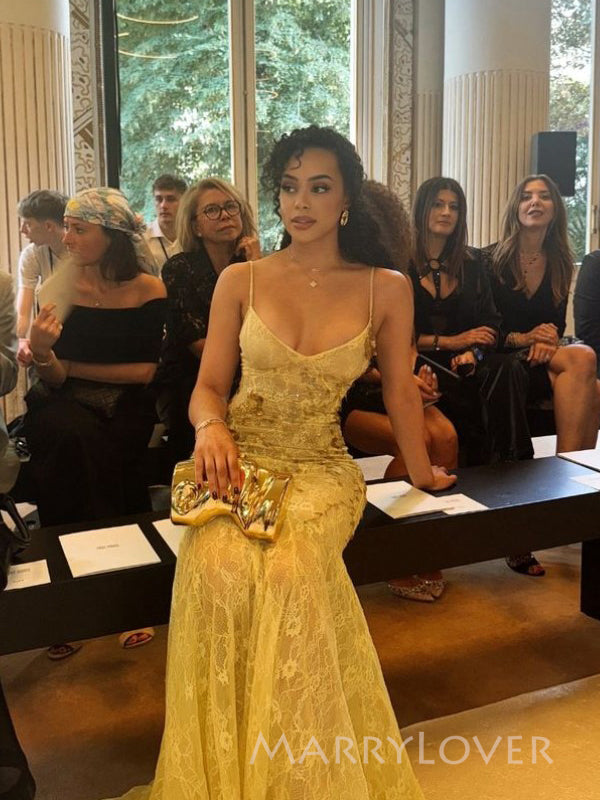 Spaghetti Straps Yellow Lace Mermaid Long Evening Prom Dresses, MR9606