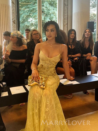 Spaghetti Straps Yellow Lace Mermaid Long Evening Prom Dresses, MR9606