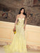 Spaghetti Straps Yellow Lace Mermaid Long Evening Prom Dresses, MR9606