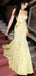 Spaghetti Straps Yellow Lace Mermaid Long Evening Prom Dresses, MR9606