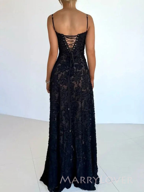 Beautifu Spaghetti Straps Black Long Evening Prom Dresses, MR9611